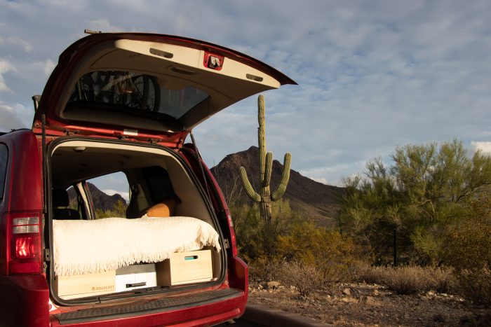 Dodge Grand Caravan in the desert with the Roadloft camper kit