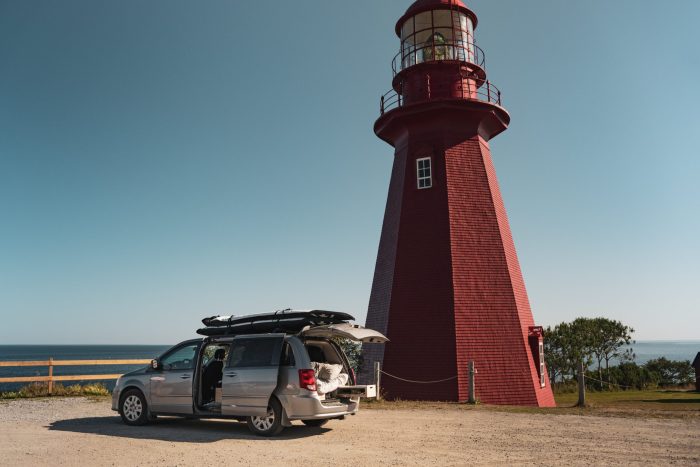 Minivan conversion kit parked in Gaspesie