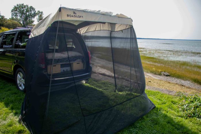 Mosquito net shelter for minivan conversion kit by Roadloft, providing bug-free outdoor living space during vanlife.