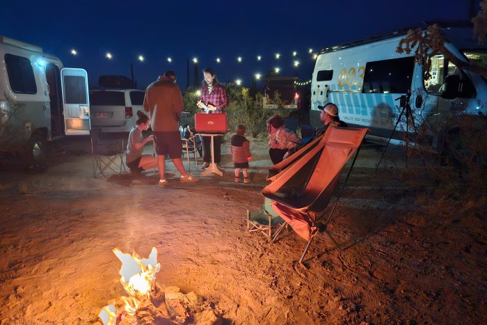 Outdoor kitchen setup for camping with the Roadloft camper kit, offering more space to cook and connect with nature.